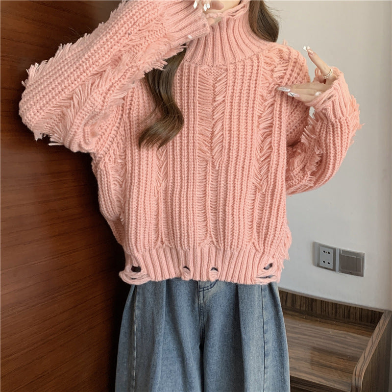 Damen Grobstrickpullover Hochkragen Französischer Look Eveloria