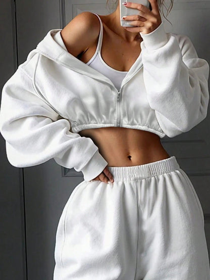 Damen Sweatshirt Set Cropped mit weiter Jogginghose Grau
