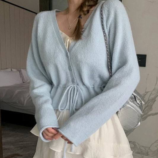 Damen Strickjacke Tailliert Mit Gürtel Beige - Eveloria