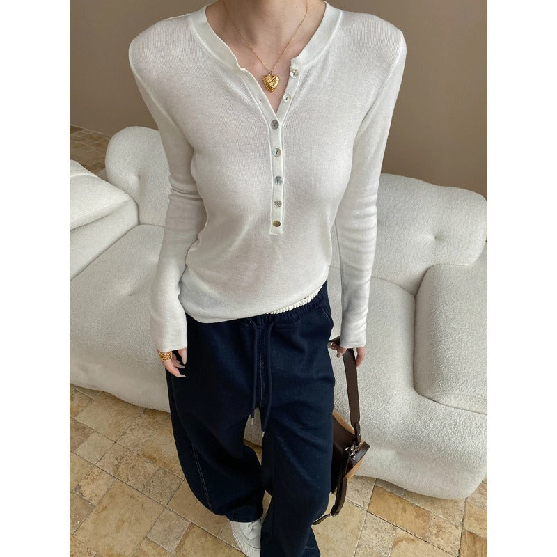 Damen Langarm Henley-Shirt Rippmaterial Knopfleiste Weiss Eveloria - Eveloria