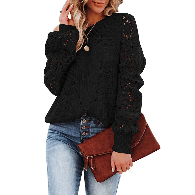 Damen Strickpullover Voluminöse Ärmel Lochmuster Eveloria