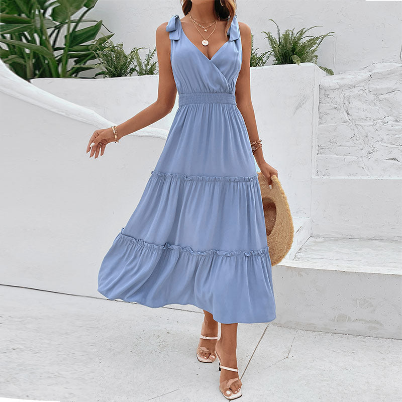 Damen Maxikleid V-Ausschnitt Volant Elegant Schwarz - Eveloria
