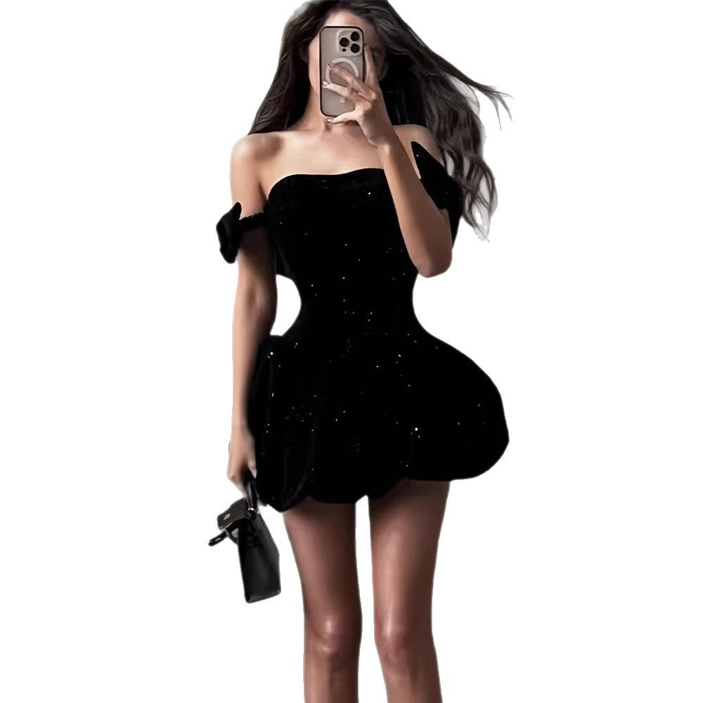 Damen Cocktailkleid Schulterfrei Glitzernd Eveloria