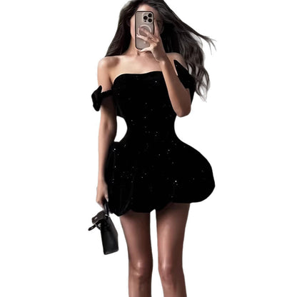 Damen Cocktailkleid Schulterfrei Glitzernd Eveloria