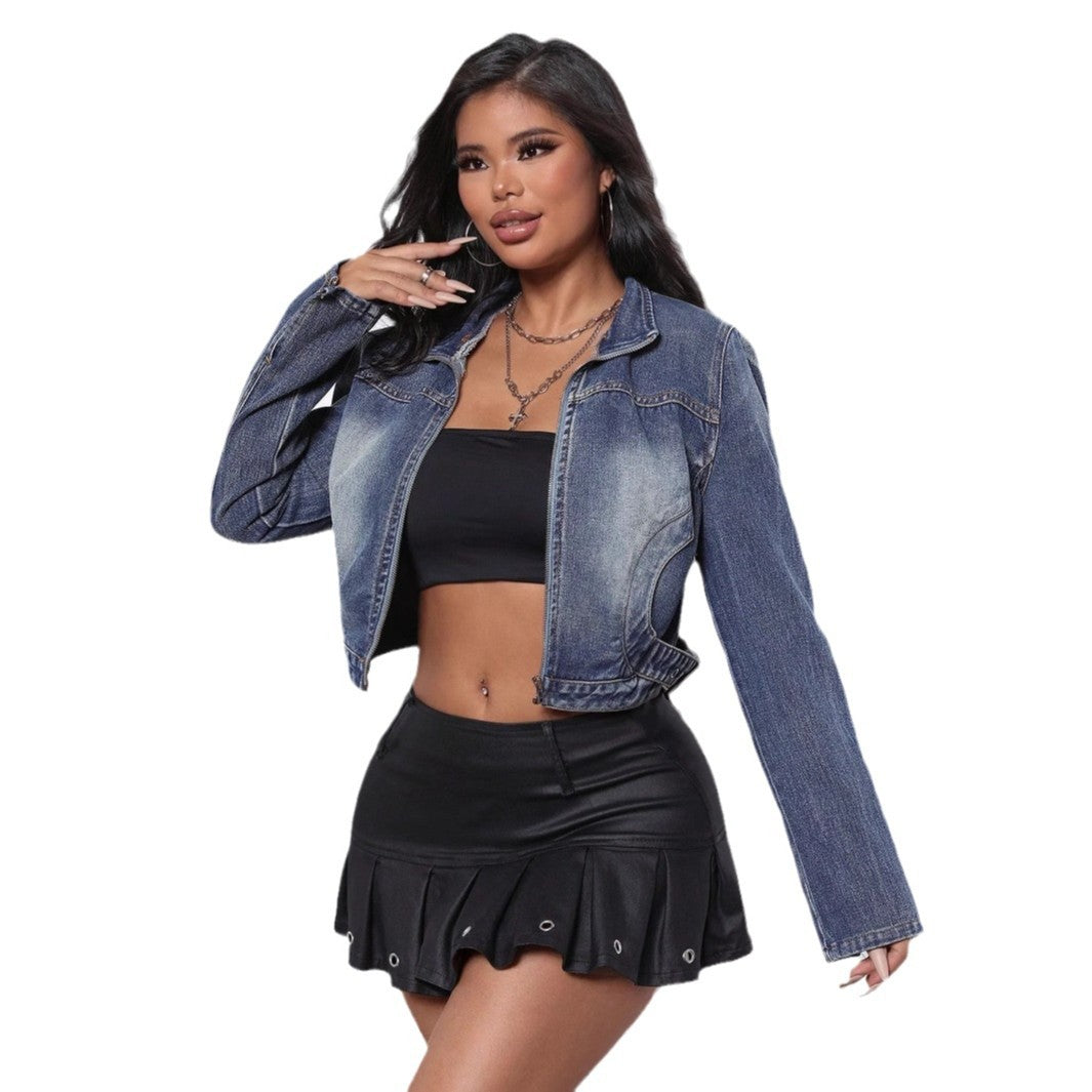 Damen Jeansjacke Crop-Style Waschungseffekt Blau Eveloria