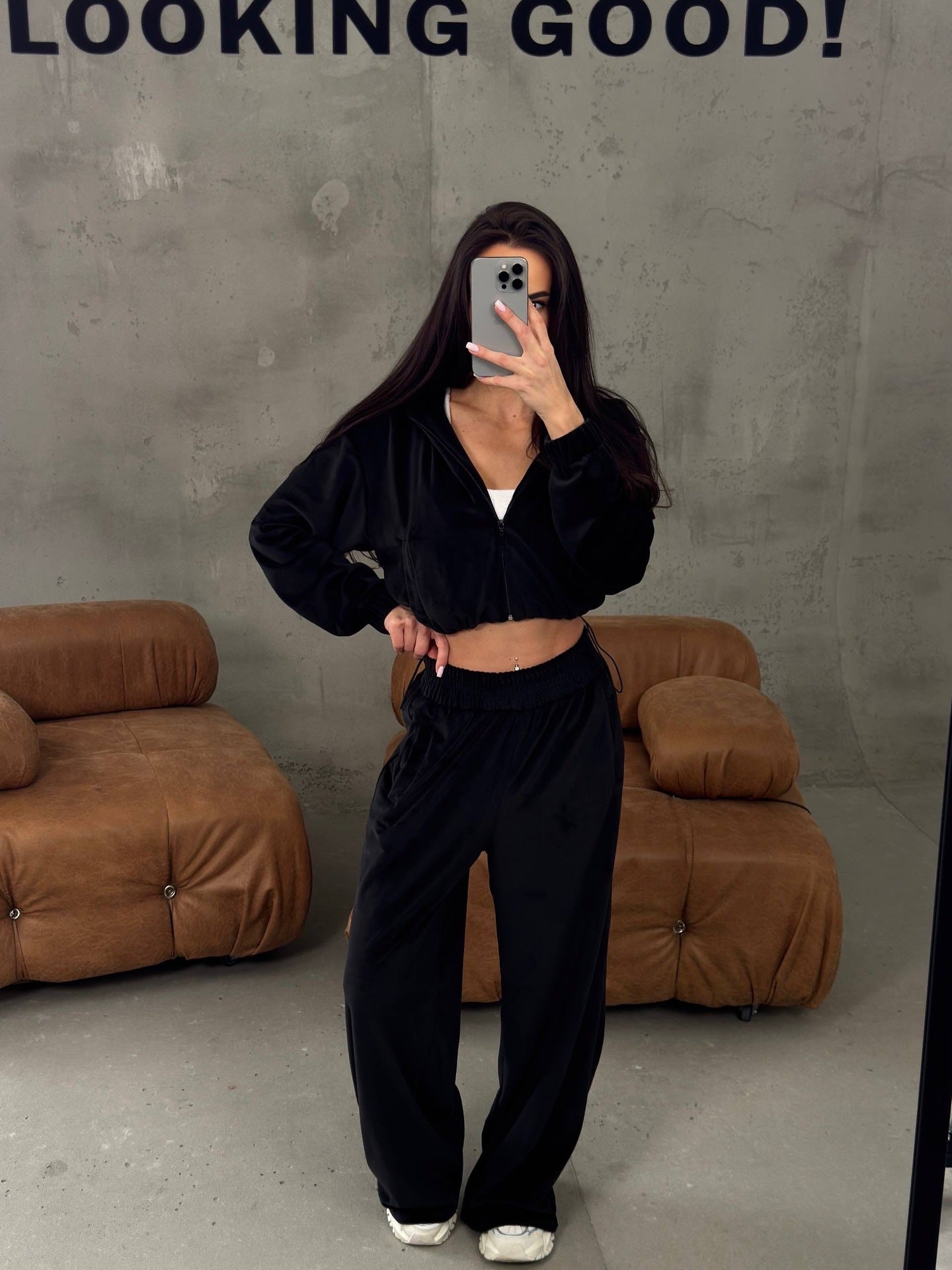 Damen Velours-Loungewear-Anzug Cropped Oberteil Weite Hose