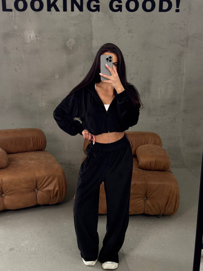 Damen Velours-Loungewear-Anzug Cropped Oberteil Weite Hose