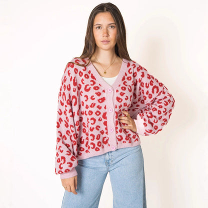 Damen Strickjacke Leopardenmuster Offenem Strukturdesign