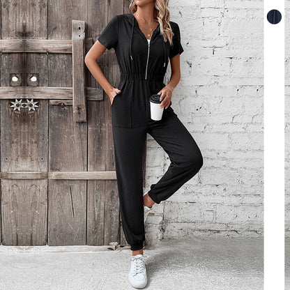 Damen Kapuzen-Jumpsuit mit Taschen Elastisch Schwarz Eveloria - Eveloria