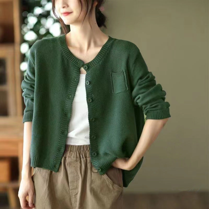 Damen Strickcardigan Leicht Knopfverschluss Taschen Beige