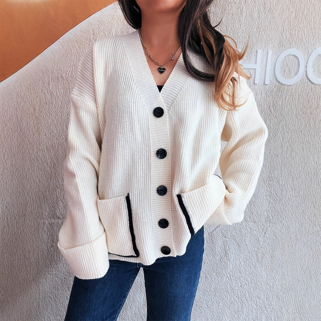 Damen Strickcardigan Weich V-Ausschnitt Große Taschen Beige - Eveloria