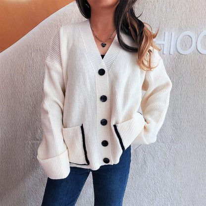 Damen Strickcardigan Weich V-Ausschnitt Große Taschen Beige - Eveloria