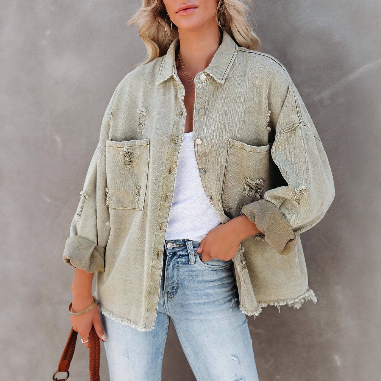Damen Oversized Denim-Jacke Französische Säume Knopfdesign Blau