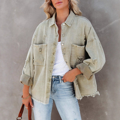 Damen Oversized Denim-Jacke Französische Säume Knopfdesign Blau