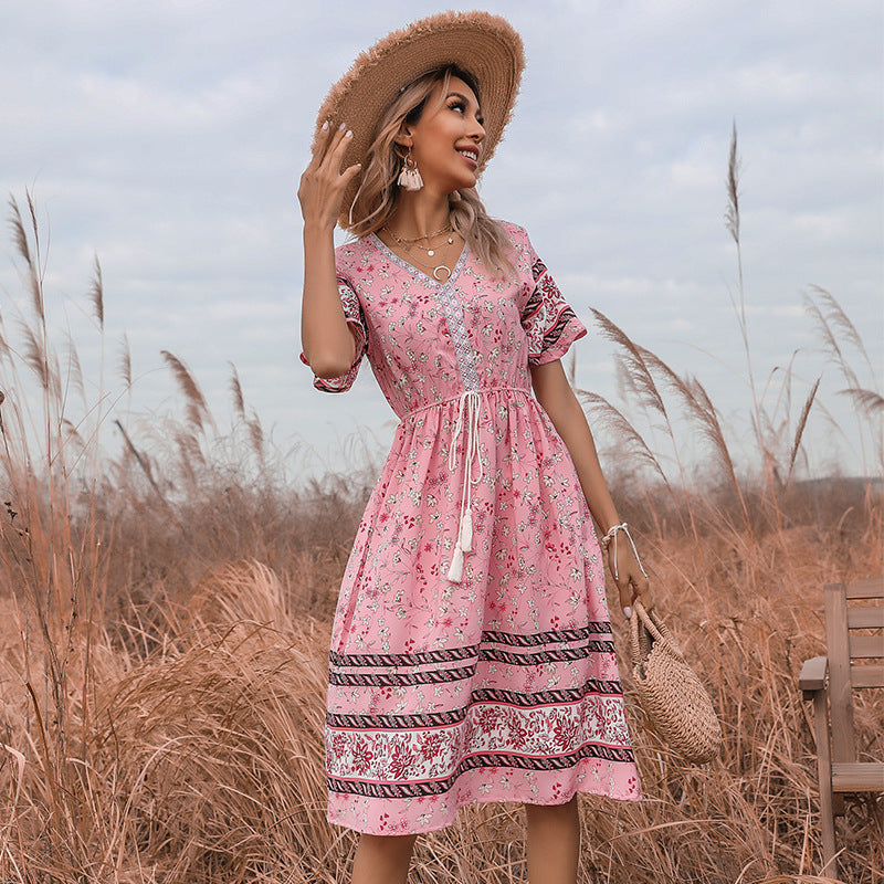 Damen Sommerkleid Boho florales Design Taillenzug - Eveloria