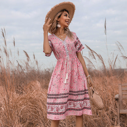 Damen Sommerkleid Boho florales Design Taillenzug - Eveloria