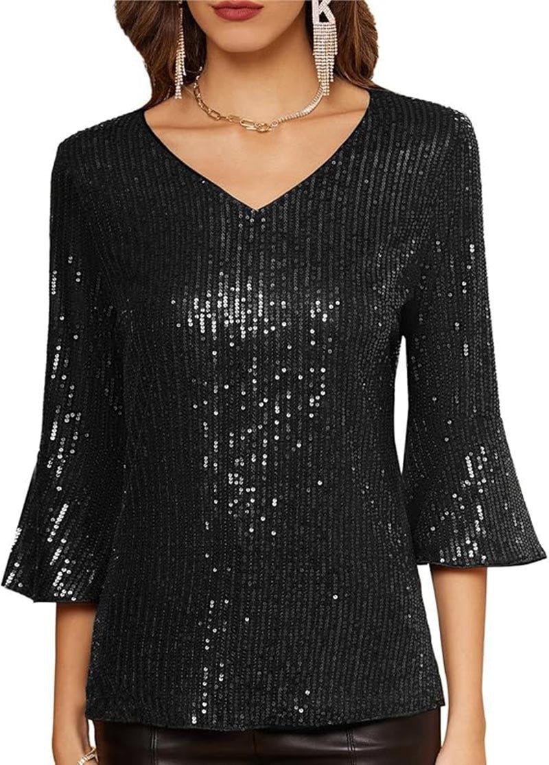 Damen Strickoberteil V-Ausschnitt Glitzernde Akzente Eveloria