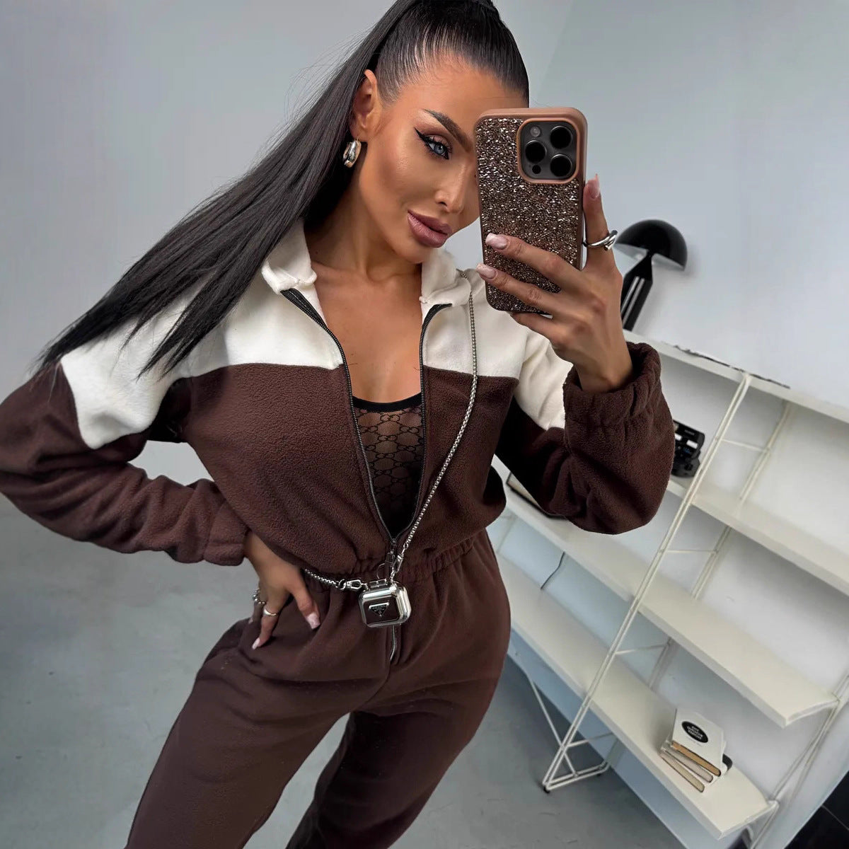 Damen Fleece-Overall mit Kapuze und Reißverschluss