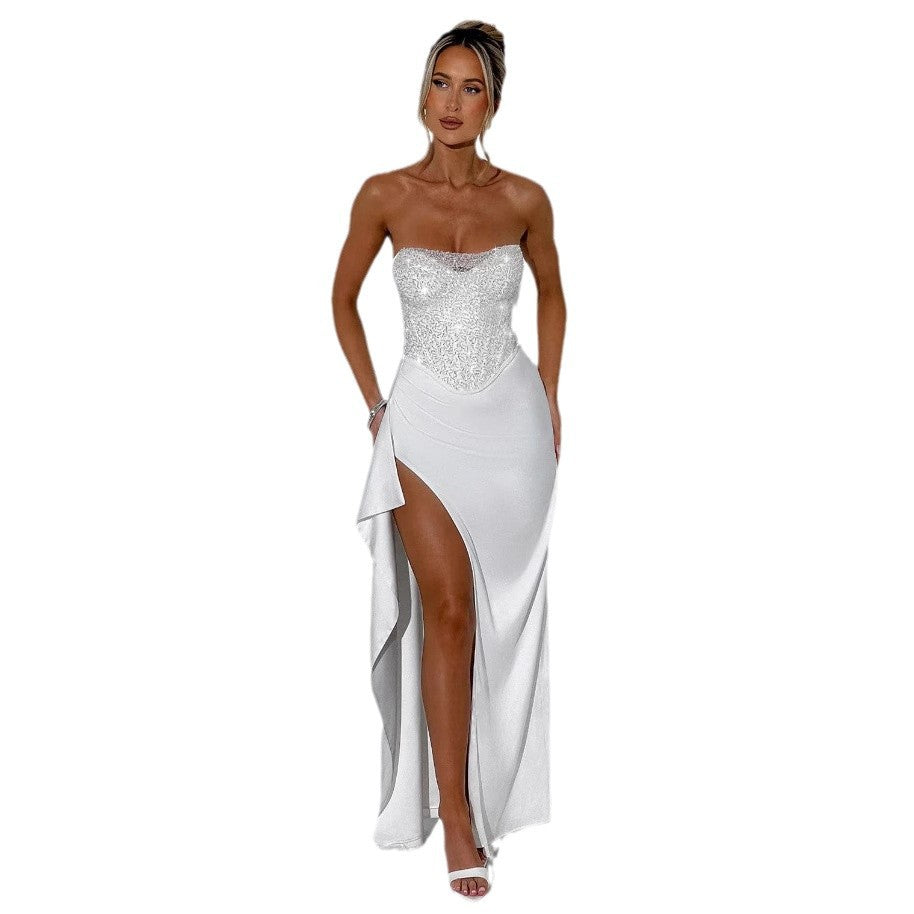 Damen Abendkleid Hochgeschlossen Transparenter Oberteil