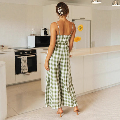 Damen Jumpsuit Gingham Muster Taillengürtel Eveloria