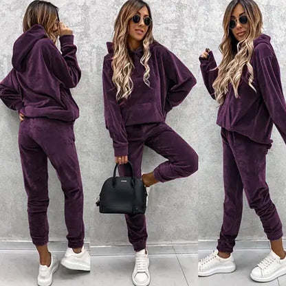 Damen Velours-Jogginganzug mit Kapuze und elastischem Bund