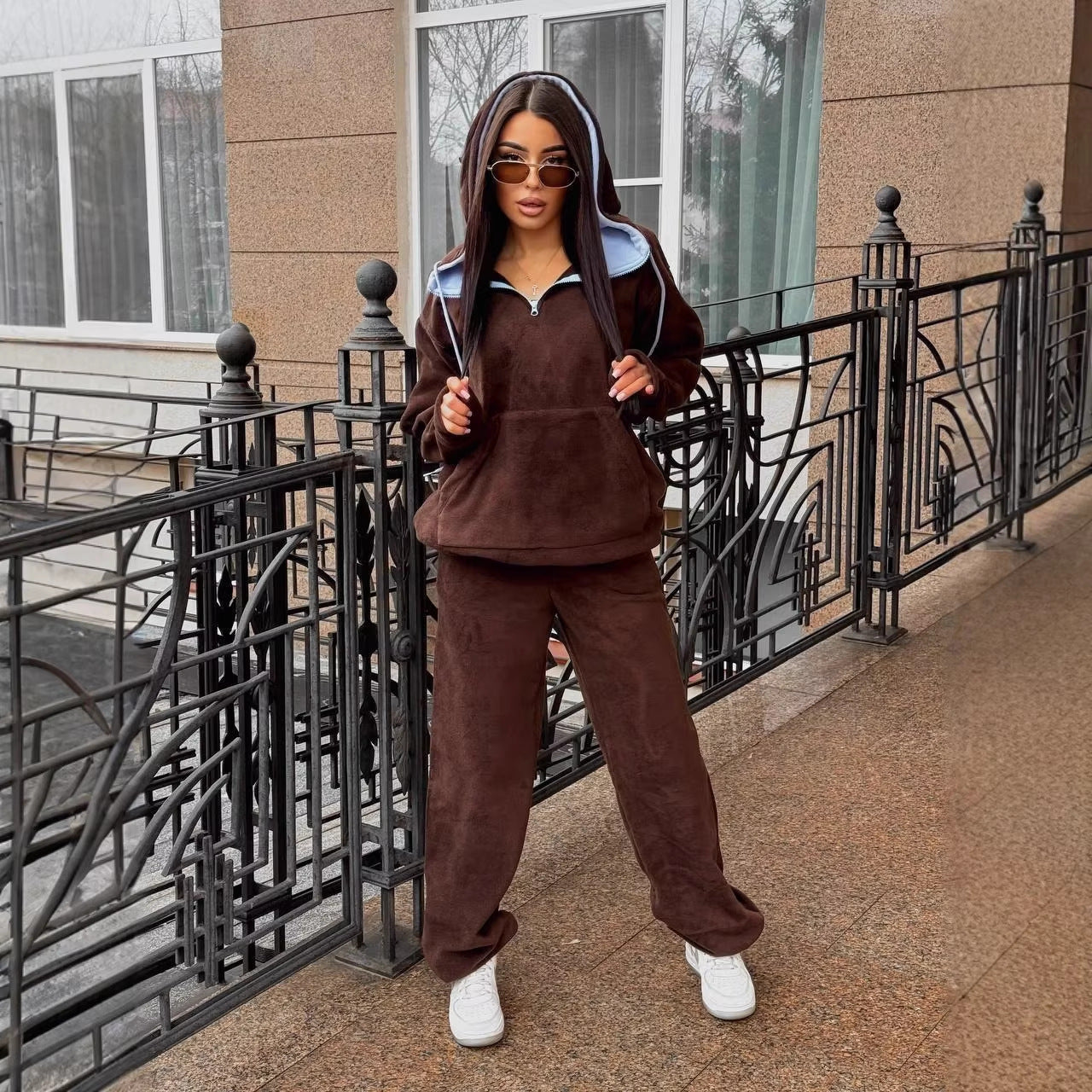 Damen Fleece-Jogginganzug Hochkragen Kordelzug Grau - Eveloria