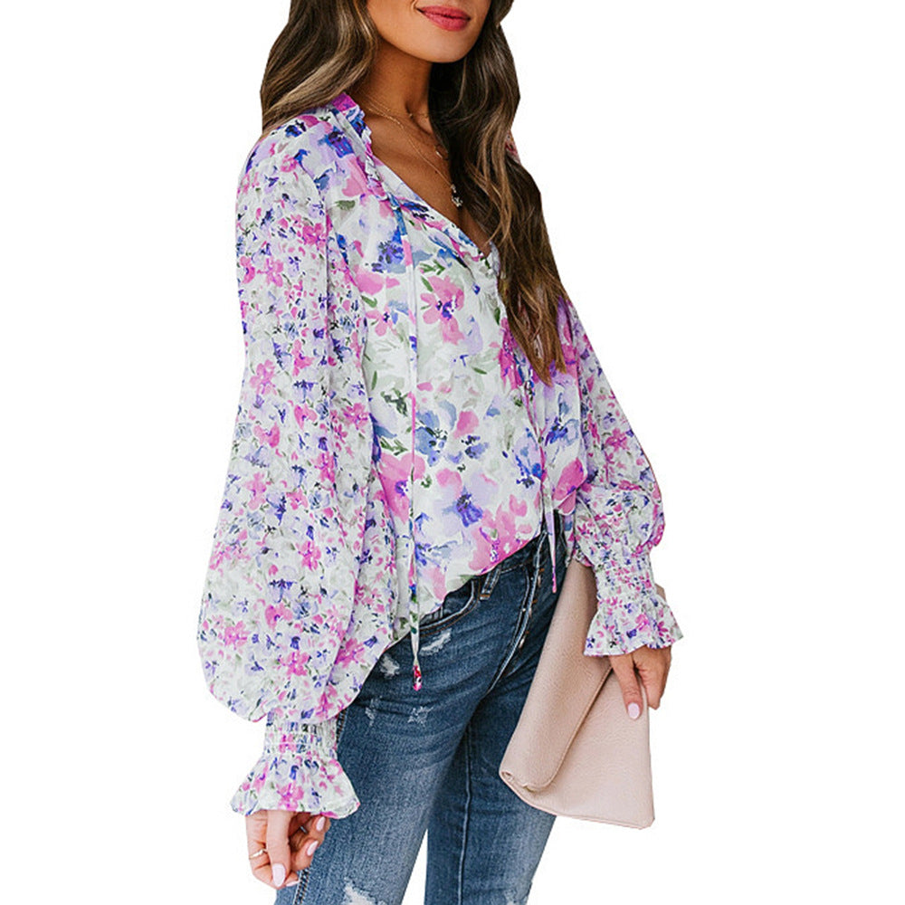 Damen Bluse mit weiten Ärmeln Floral Muster Eveloria