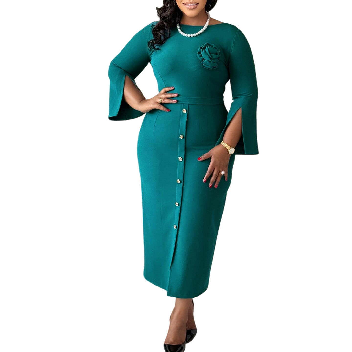 Damen Midikleid mit Knopfverschluss und floralem Muster Eveloria