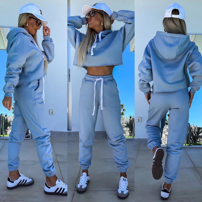 Damen Jogging-Set Cropped Hoodie und Hose Bequem Grau Eveloria