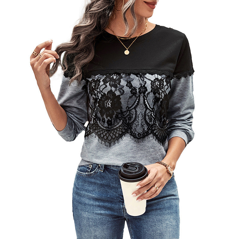 Damen Sweatshirt Spitzenverzierung Elegant Grau