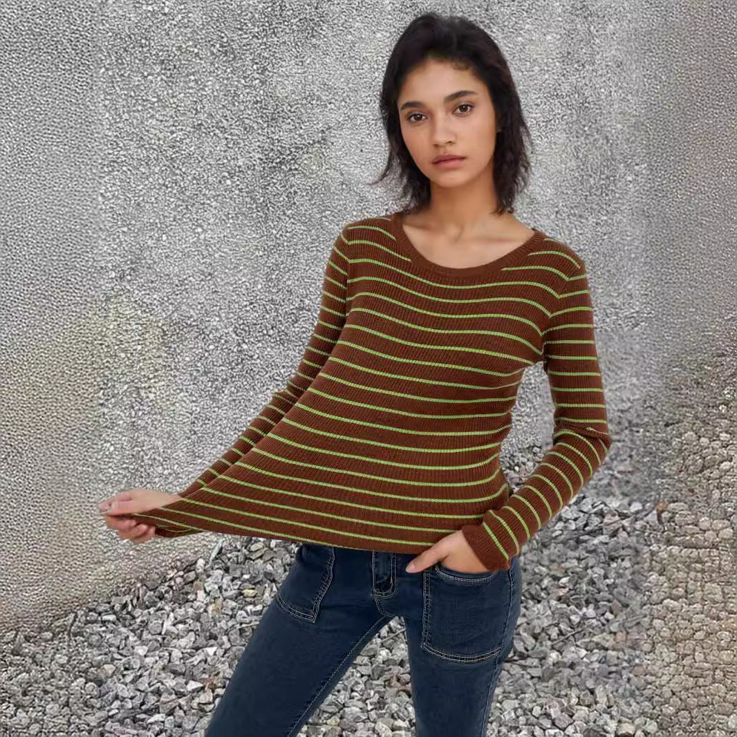 Damen Rippenpullover Gestreift Verlängerte Ärmel Eveloria
