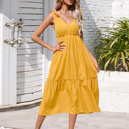 Damen Midikleid Rüschenverzierter Saum Tiefes V Dekolleté
