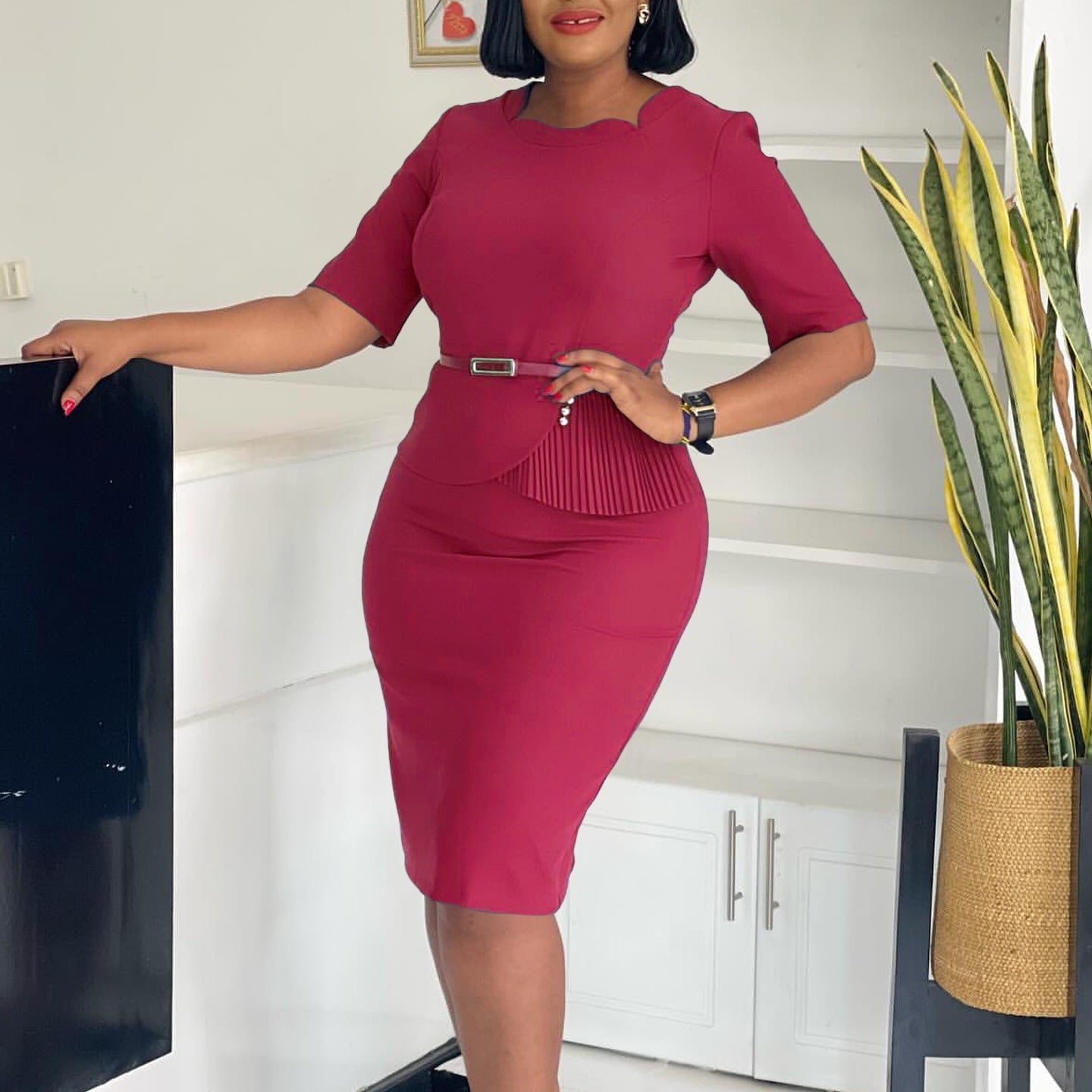 Damen Midi-Kleid Drapierung Vorderseite Abnehmbarer Gürtel Eveloria