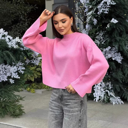 Damen Strickpullover Rundhalsausschnitt Weite Ärmel Kuschelig Grau