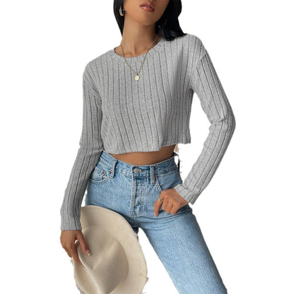 Damen Cropped Pullover Feine Rippstruktur Lange Ärmel Eveloria