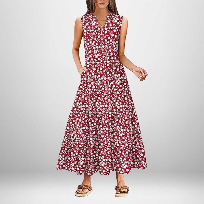 Damen Maxikleid Knopfdetail Seitentaschen Eveloria
