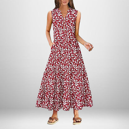Damen Maxikleid Knopfdetail Seitentaschen Eveloria