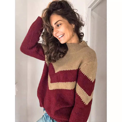 Damen Strickpullover V-Ausschnitt Kontrast Chevrondesign