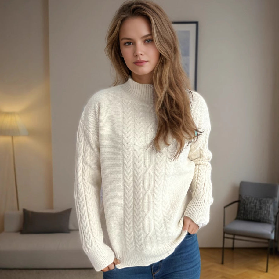 Damen Strickpullover Rundkragen Zopfmuster Eveloria - Eveloria