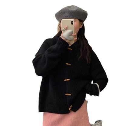 Damen Grobstrickjacke Kapuze Holzknöpfe Beige