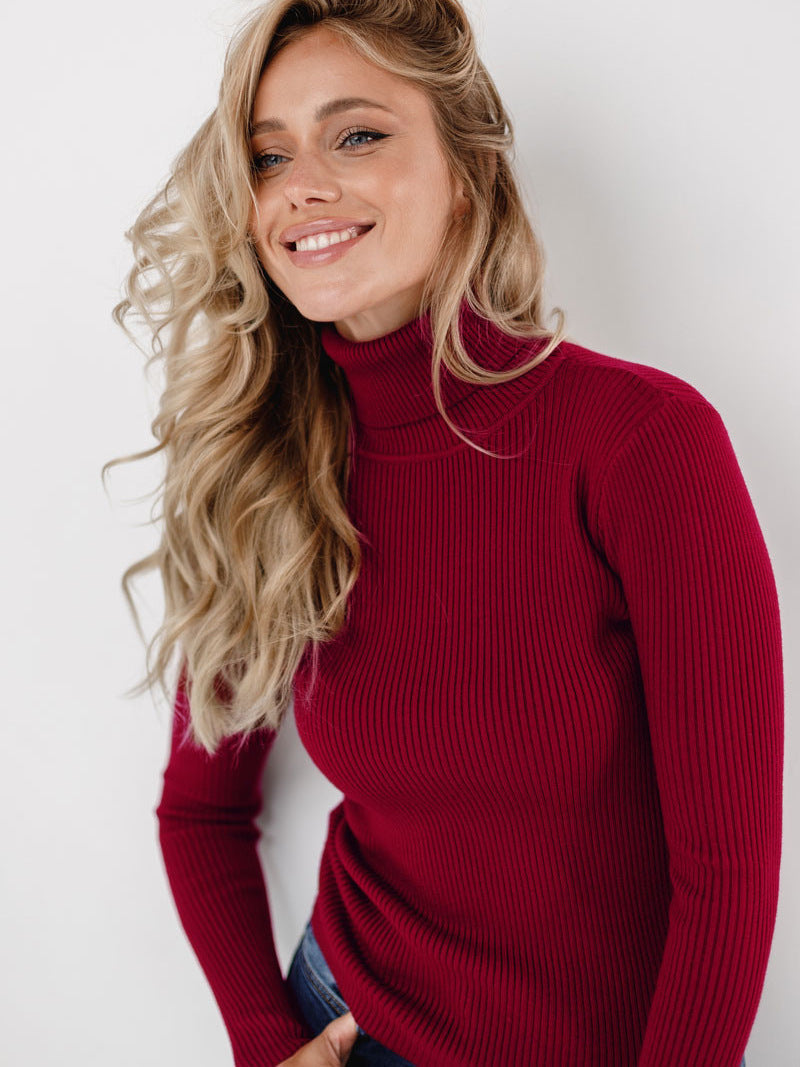 Damen Pullover Lang Hohler Kragen Feine Rippenstruktur Beige
