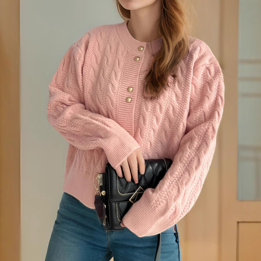 Damen Strickjacke Zopfmuster Perlenknöpfe Eveloria