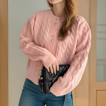 Damen Strickjacke Zopfmuster Perlenknöpfe Eveloria