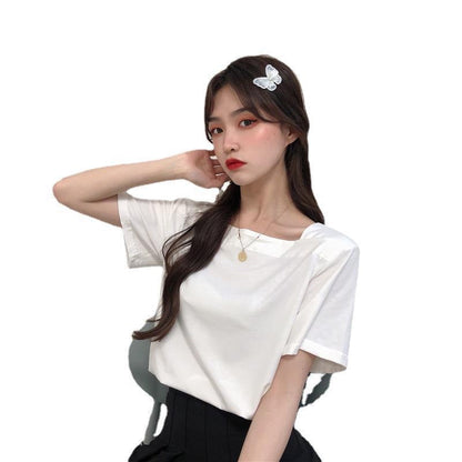 Damen Basic T-Shirt Weites Baumwoll-Shirt Bequem Weiß