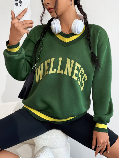 Damen Sweatshirt V-Ausschnitt Wellness-Print Grau