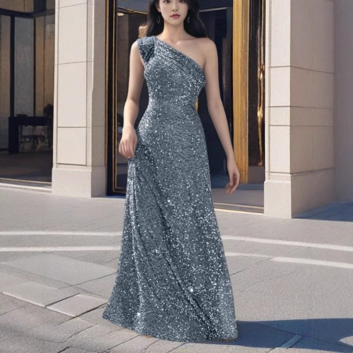 Damen Maxikleid Schulterfrei Pailletten