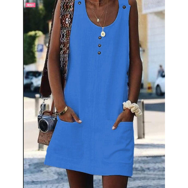 Damen Sommerkleid Leicht mit Knöpfen und Taschen Eveloria