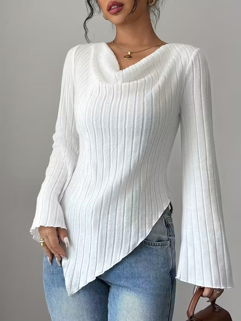 Damen Oberteil Langärmlig Asymmetrisch Rippdesign Eveloria