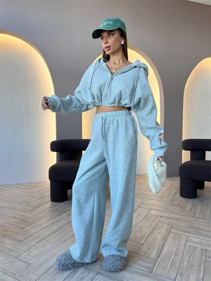 Damen Hoodie Sweatpants Kombi Eveloria Baumwolle Grau