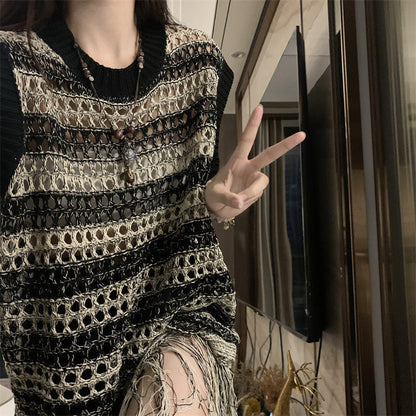 Damen Häkelkleid mit Fransen Modernes Design Luftig Weiß